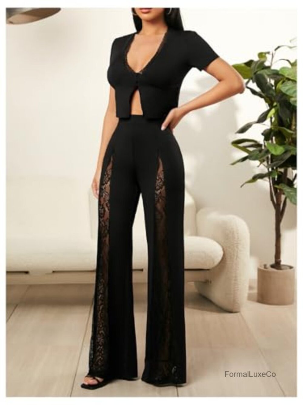 Elegant Floral Lace Bell Bottom Pants High Waist - Picture 3 of 4